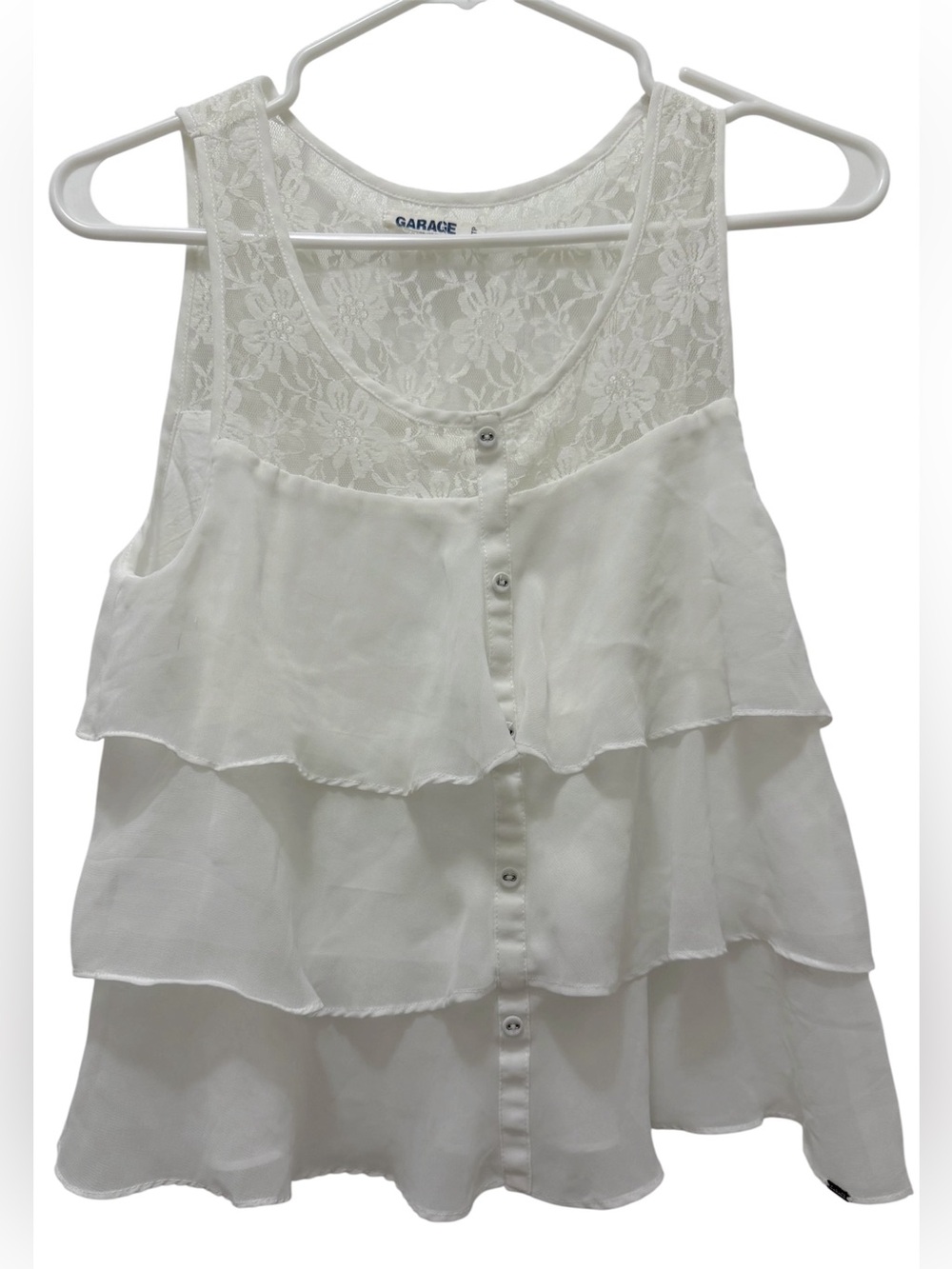 Garage White Lace-Tiered Ruffle Top